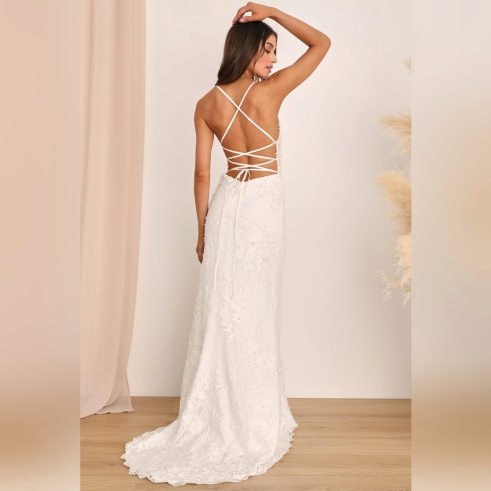 Lulus Luxe Bridal Enchanting Ivory Pearl Lace-Up Backless Maxi Dress